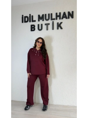 Bordo Yakası Silver Çıtçıt Detaylı Takım