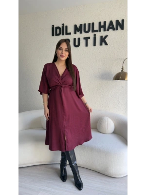 Bordo Yarasa Kol Saten Elbise