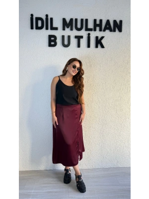 Bordo Yüksek Bel Saten Etek