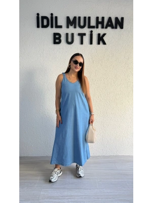 Buz Mavi Jean Kumaş Lastik Askılı Elbise