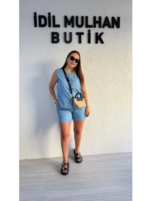 Buz Mavi Kot Rengi Şortlu Takım
