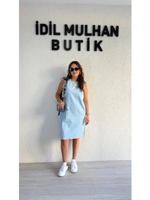 Buz Mavisi Kolsuz Kot Elbise