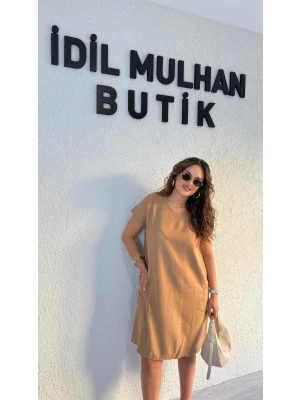 Camel Keten Cep Detaylı Oversize Elbise