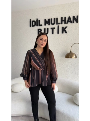 Çizgili Kruvaze Yaka Şifon Kollu Bluz