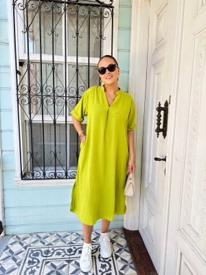 Fıstık Yeşili Keten Elbise