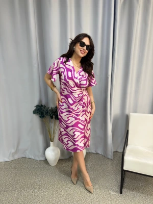 Fuşya Desenli Saten Elbise