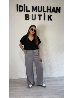Gri Beli Lastikli Parlak Bürümcük Pantolon