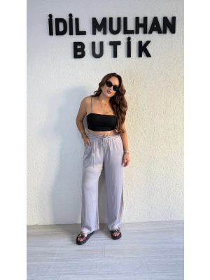 Gri Beli Lastikli Saten Pantolon