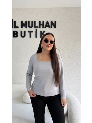Gri Kare Yaka Oysh Kumaş Bluz