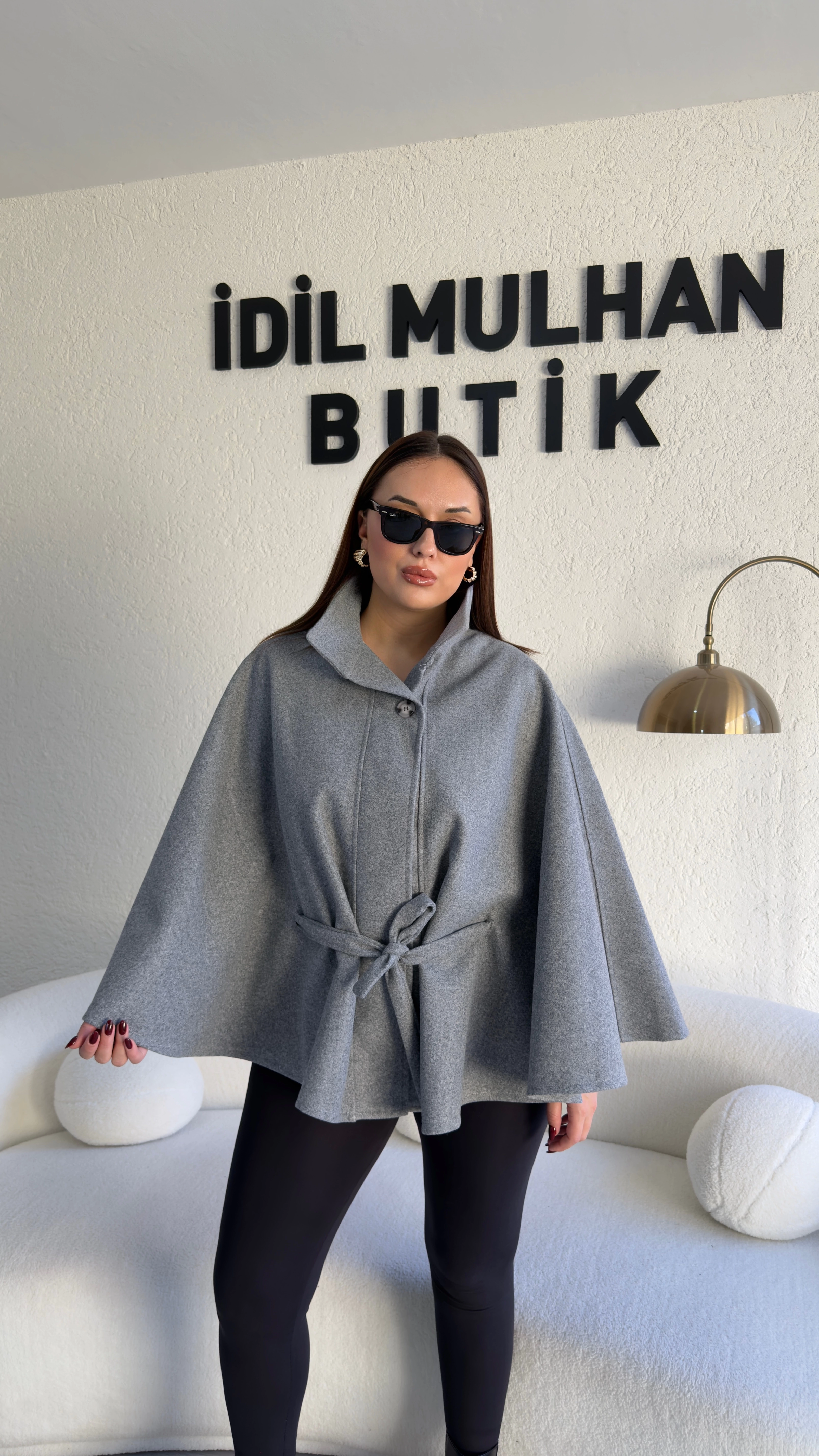 Gri Oversize Kaşe Kuşaklı Panço