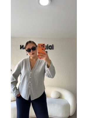 Gri Silver Düğmeli Triko Hırka