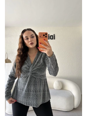 Gümüş Sim Detaylı Taş İşlemeli Bluz