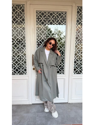 Haki Düğme Detaylı Trençkot