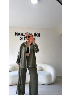 Haki Fermuarlı Çift Çizgili Takım