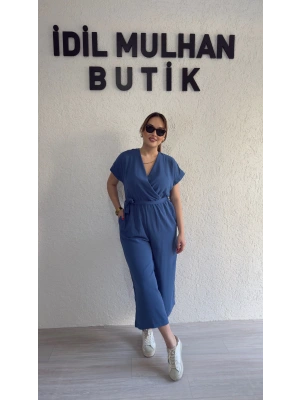 İndigo Mavisi Kruvaze Kesim Viskon Tulum