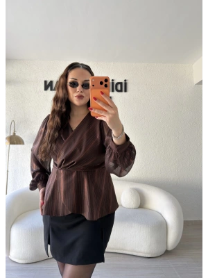 Kahve Işıltılı Kruvaze Bluz