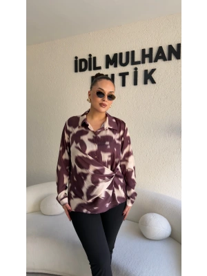 Kahverengi Bağlama Detaylı Batik Desenli Bluz