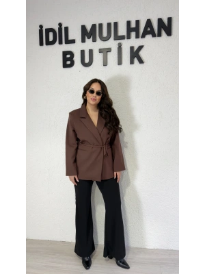 Kahverengi Bağlama Detaylı Blazer Ceket