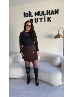 Kahverengi Gold Düğmeli Şort Etek