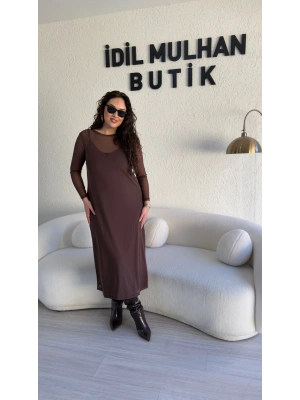 Kahverengi İkili Tül Elbise Takım