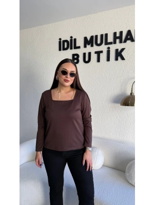 Kahverengi Kare Yaka Oysh Kumaş Bluz