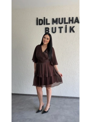 Kahverengi Kruvaze Yaka Kat Kat Elbise