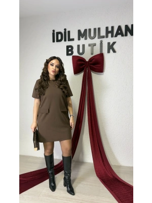 Kahverengi Likralı Süs Cepli Elbise