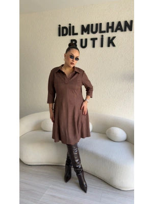 Kahverengi Scuba Nubuk Godeli Elbise