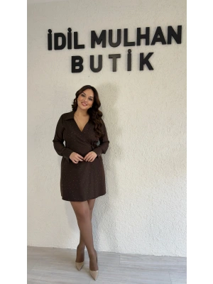 Kahverengi Şifon Kol Taşlı Bağlamalı Elbise