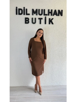 Kahverengi Uzun Kollu Kare Yaka Krep Elbise