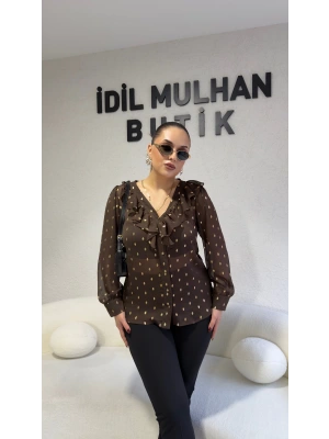 Kahverengi Volanlı Gold Varaklı Bluz
