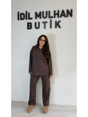 Kahverengi Yakası Silver Çıtçıt Detaylı Takım