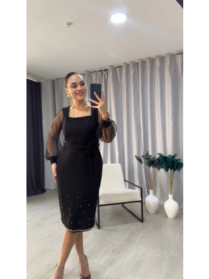 Kare Yaka İnci İşlemeli Abiye