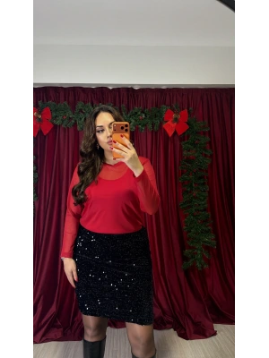 Kırmızı İkili Tül Bluz