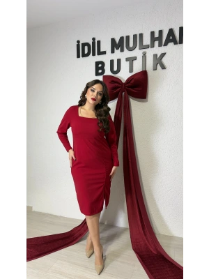 Kırmızı Kare Yaka Midi Boy Elbise