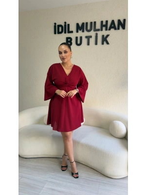Kırmızı Krep Kumaş Düğüm Detaylı Elbise