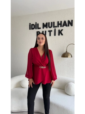 Kırmızı Kruvaze Yaka Şifon Kollu Bluz