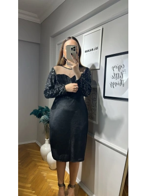 Kolları Payetli Midi Boy Kadife Elbise