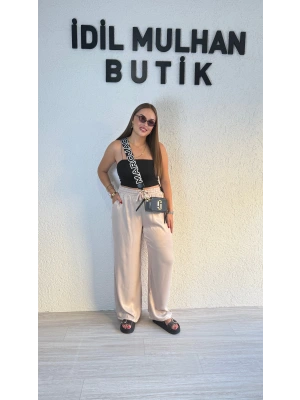 Krem Beli Lastikli Saten Pantolon