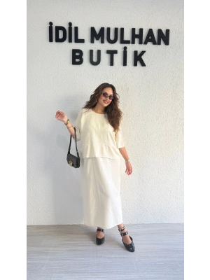 Krem Bluzlu Pamuk Keten Elbise