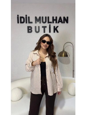 Krem Cebi İşlemeli Çizgili Gömlek