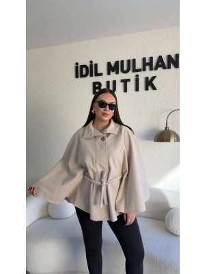 Krem Oversize Kaşe Kuşaklı Panço