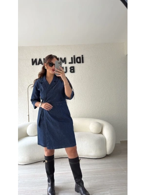 Kruvaze Kemer Detaylı Jean Elbise