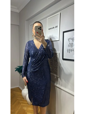 Kruvaze Kesim Lacivert Komple Payetli Elbise