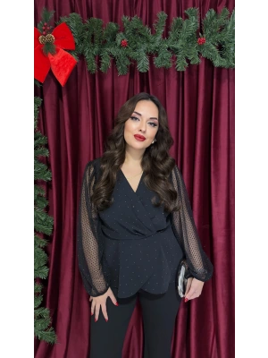 Kruvaze Kolu Puantiyeli Taşlı Bluz