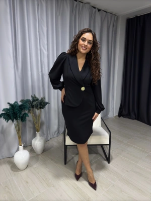 Kruvaze Yaka Gold Düğmeli Ceket Elbise