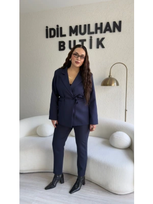 Lacivert Bağlama Detaylı Kruvaze Blazer Takım