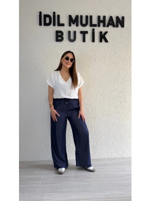 Lacivert Beli Lastikli Tensel Pantolon