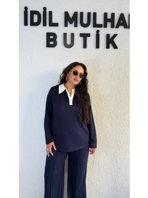 Lacivert Beyaz Gömlek Yaka Takım