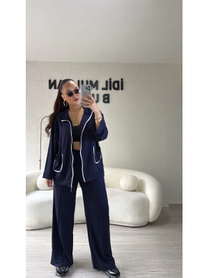 Lacivert Cep Detaylı Biyeli Takım